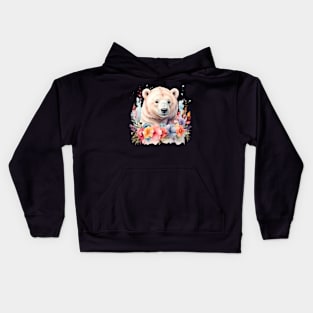 A polar bear decorated with beautiful watercolor flowers Kids Hoodie